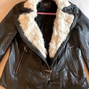 Black Faux Leather Jacket with Cream Faux Fur Collar